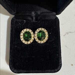 Classic Christian Dior signed green, crystal, gold stud pierced earrings